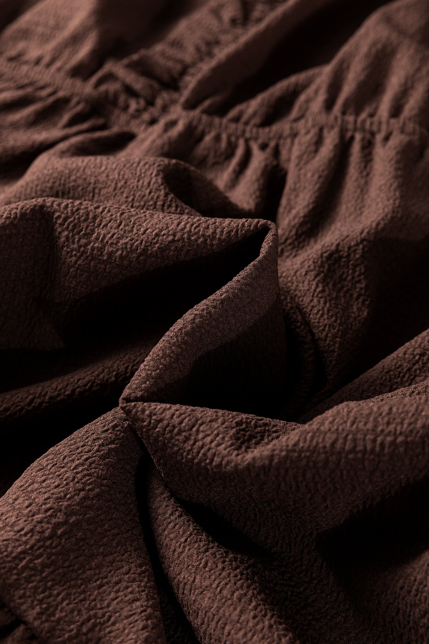 Coffee Plus Size Frilled Trim V Neck Puff Sleeve Textured Mini Dress