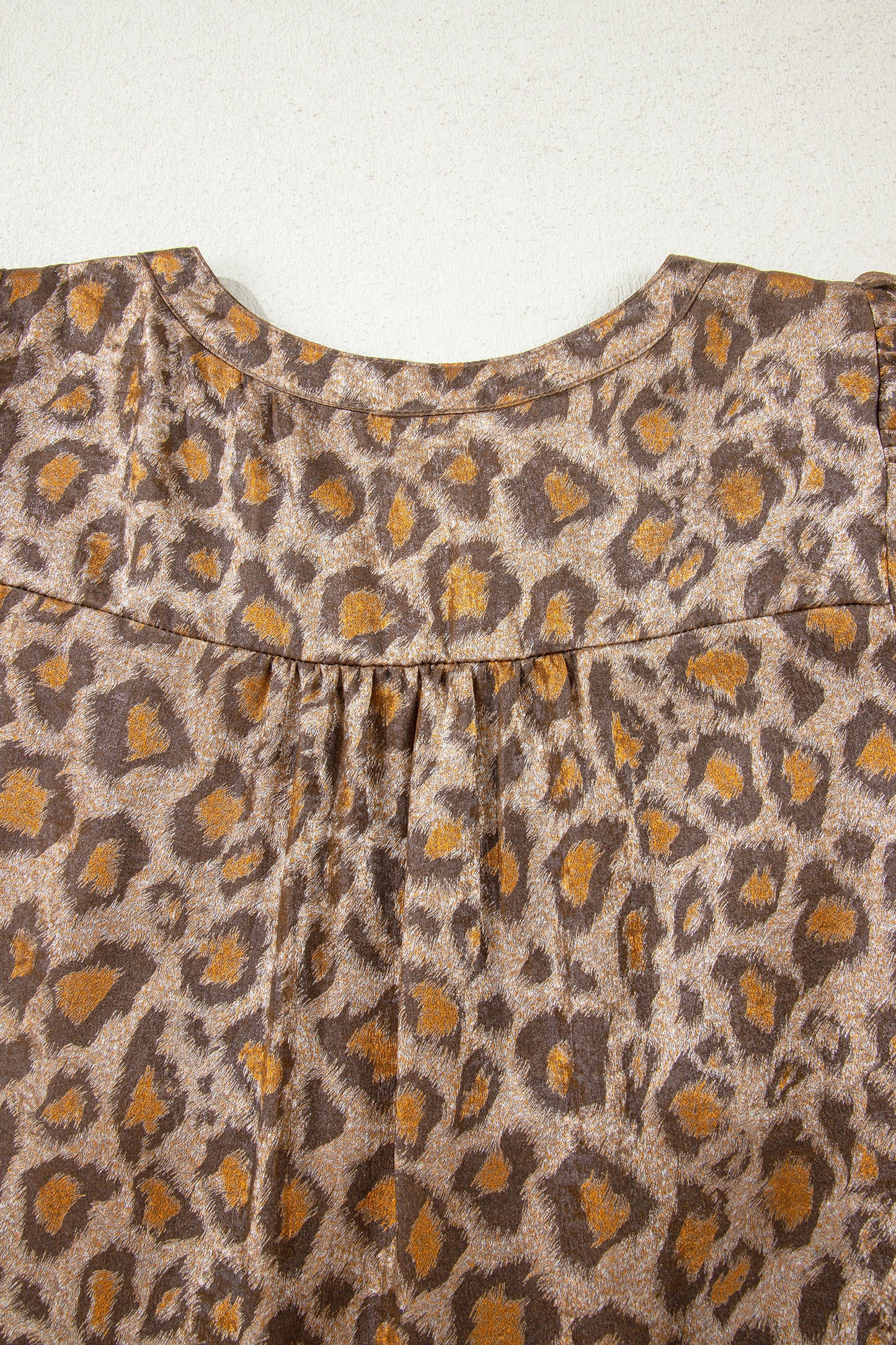 Khaki Leopard Print V Neck Ruffled Sleeve Tiered Loose Mini Dress