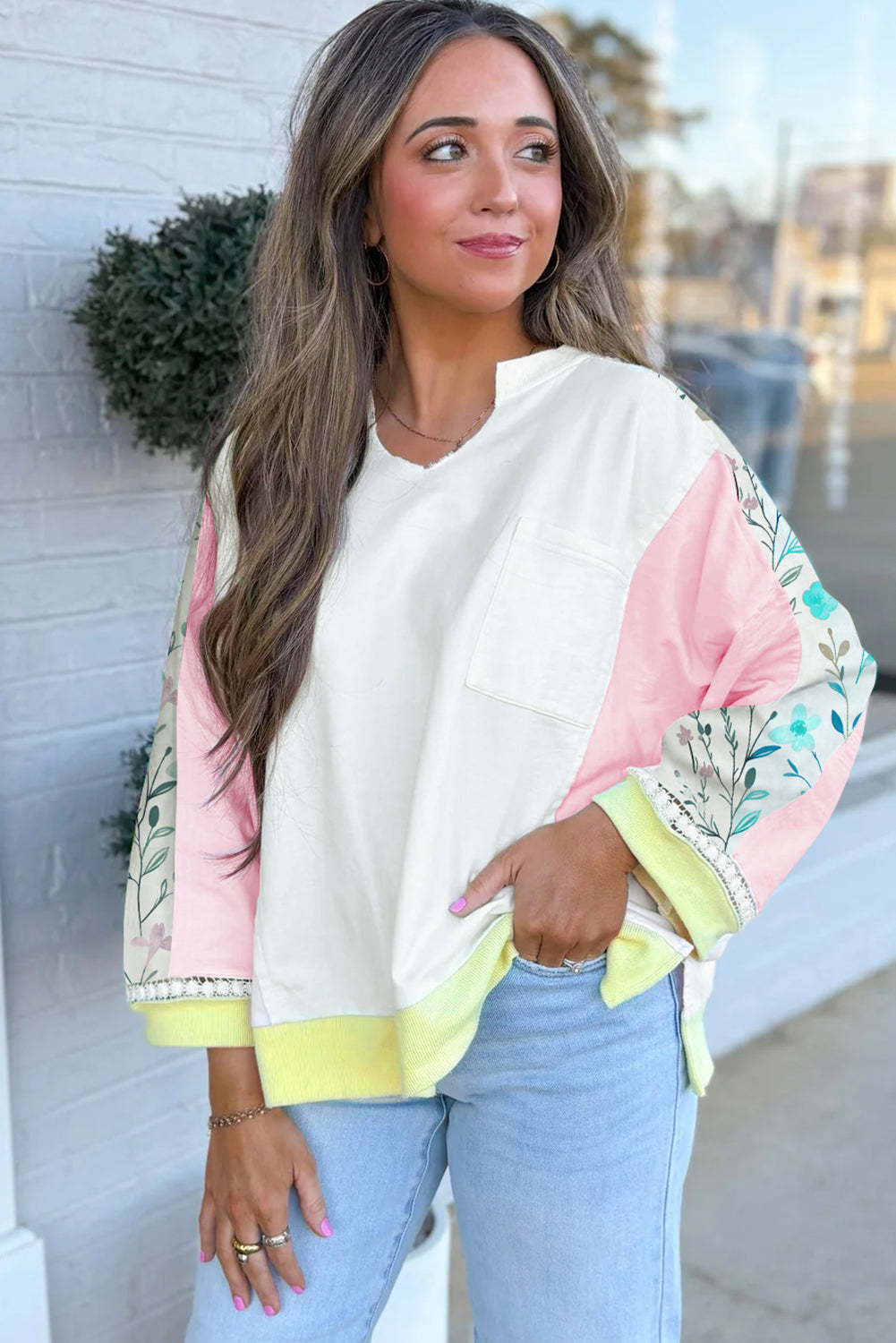 White Floral Colorblock Patchwork Chest Pocket Notched Neck Long Sleeve Top