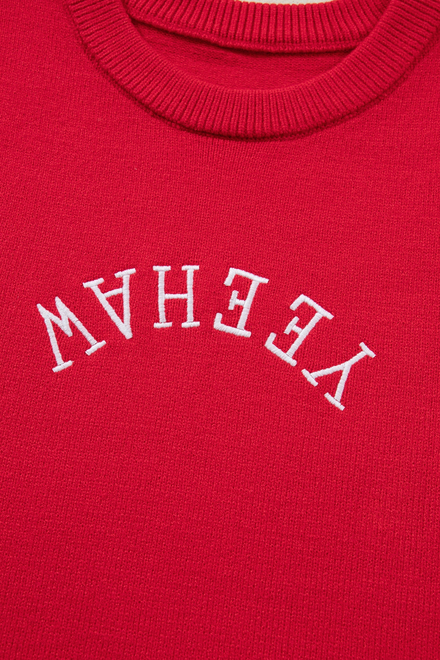 Fiery Red YEEHAW Embroidered Letter Loose Short Sleeve Sweater