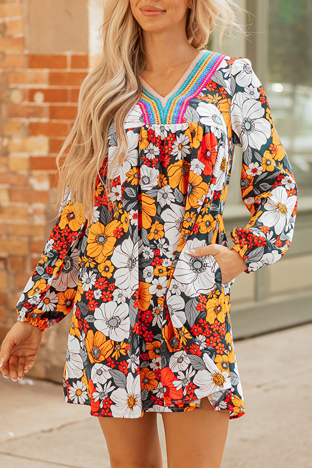 Orange Floral Print Striped Lace V Neck Long Sleeve Mini Dress