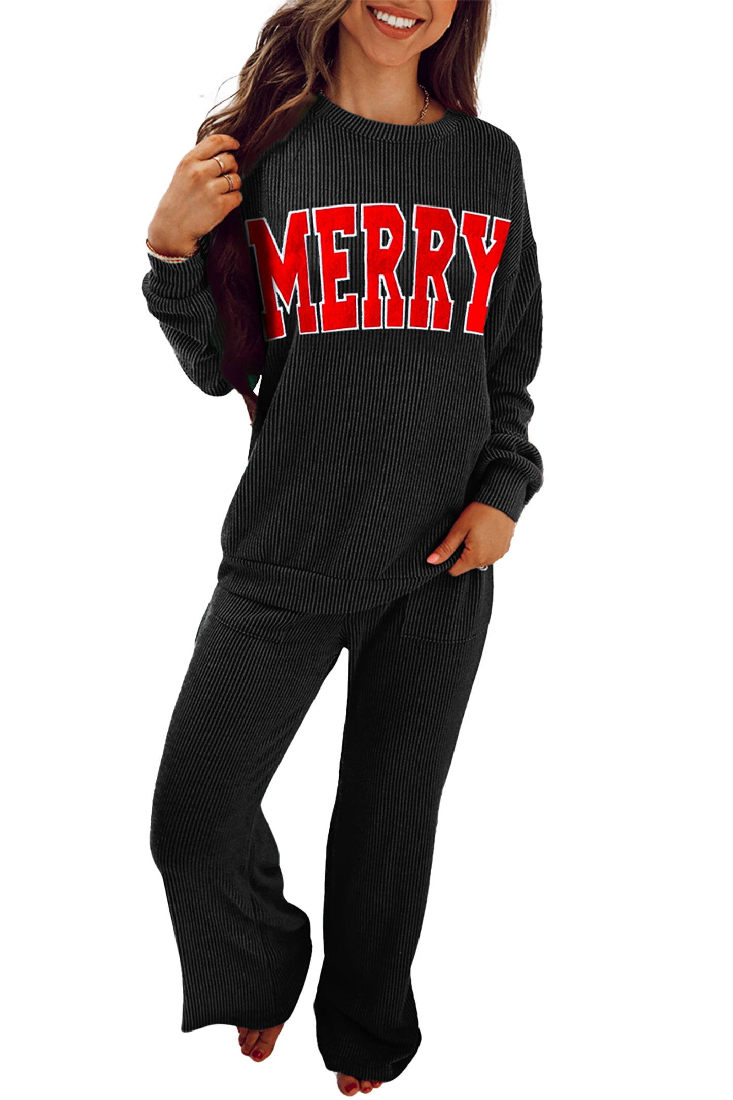 Black MERRY Corded Long Sleeve Top and Pockets Pants Set