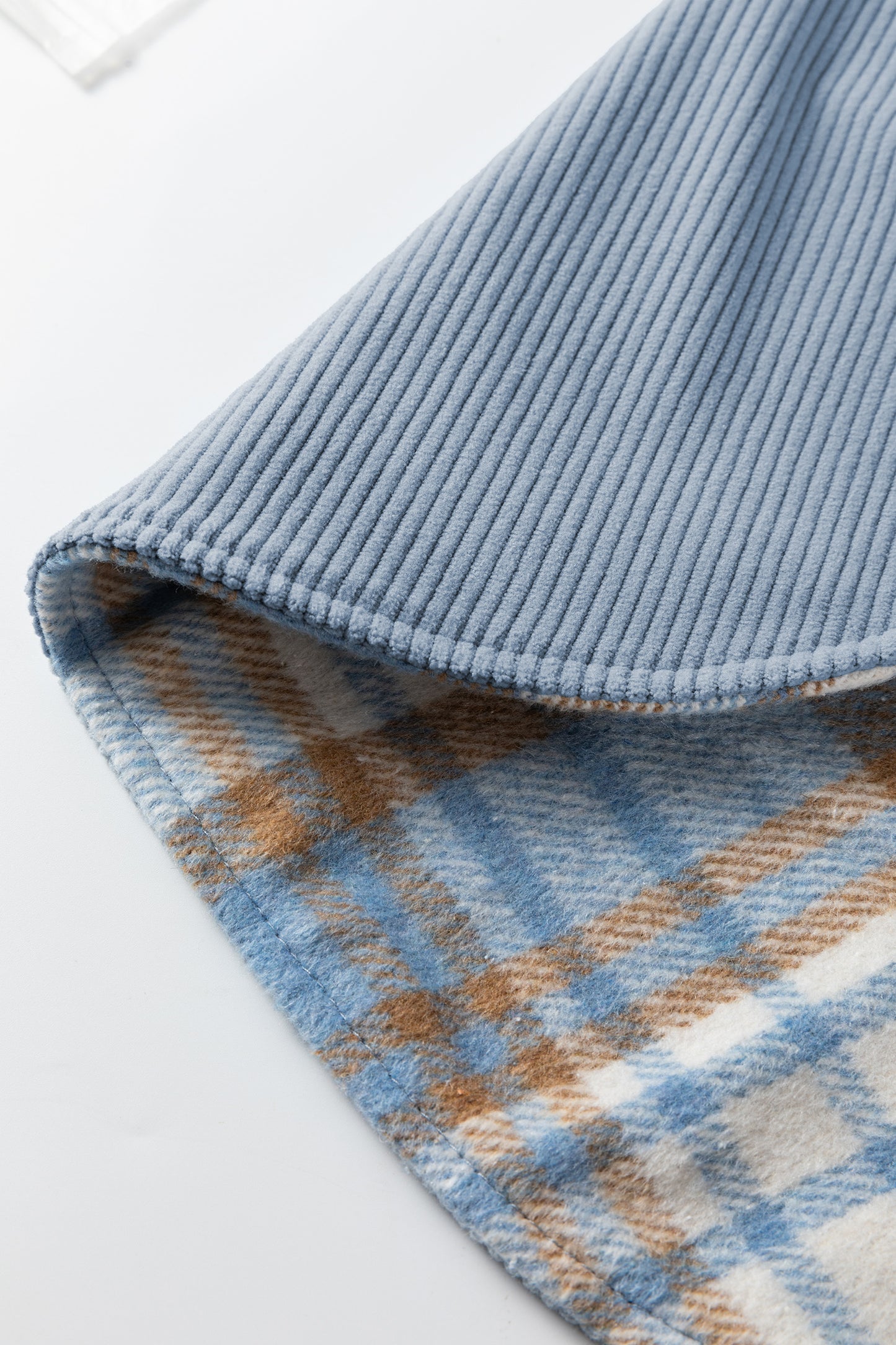 Stone Blue Plaid Corduroy Reversible Button Up Shacket