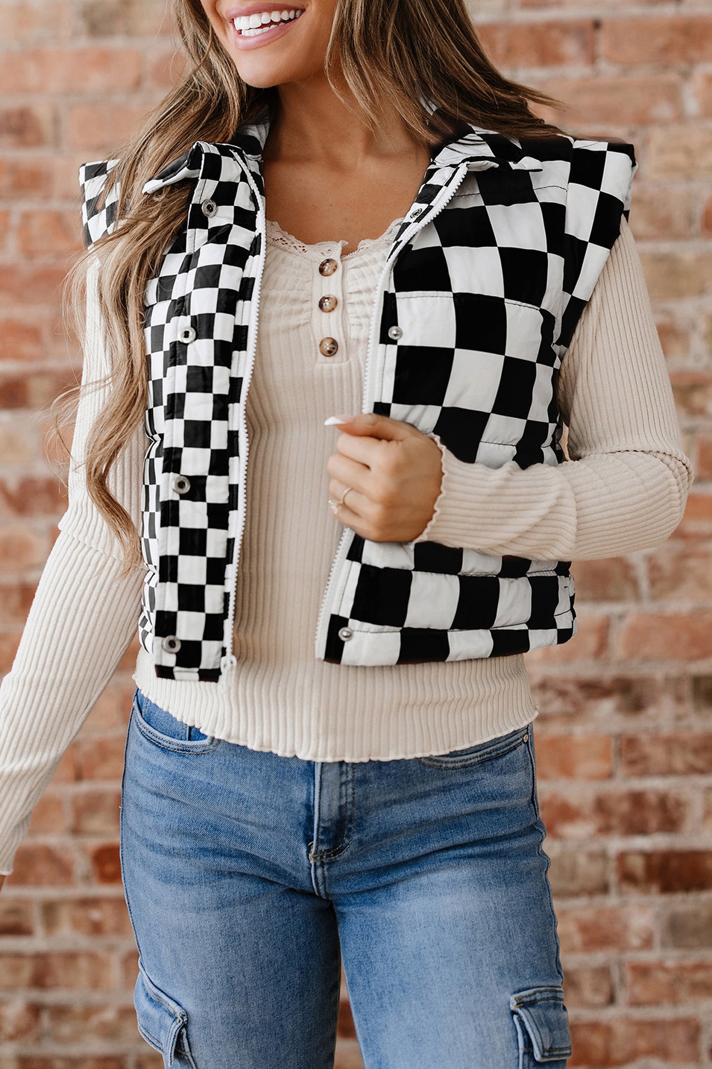 Black Double Checked Stand Collar Cropped Puffer Vest