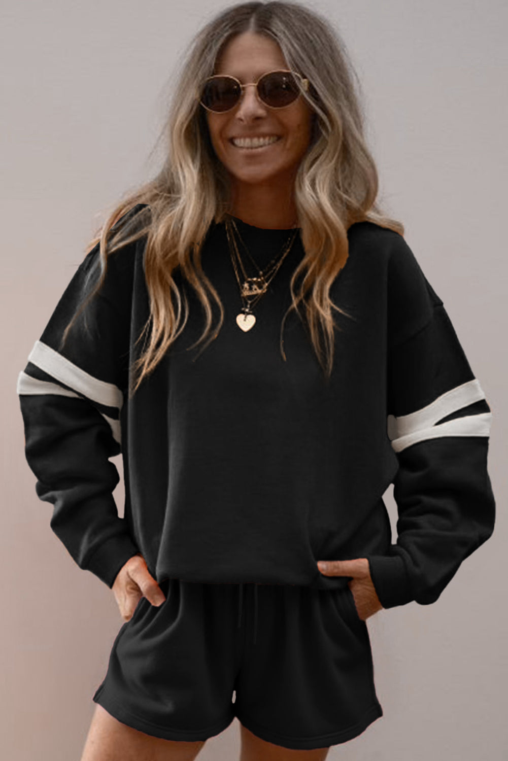 Orange Varsity Striped Sleeve Drop Shoulder Sweatshirt and Short Set