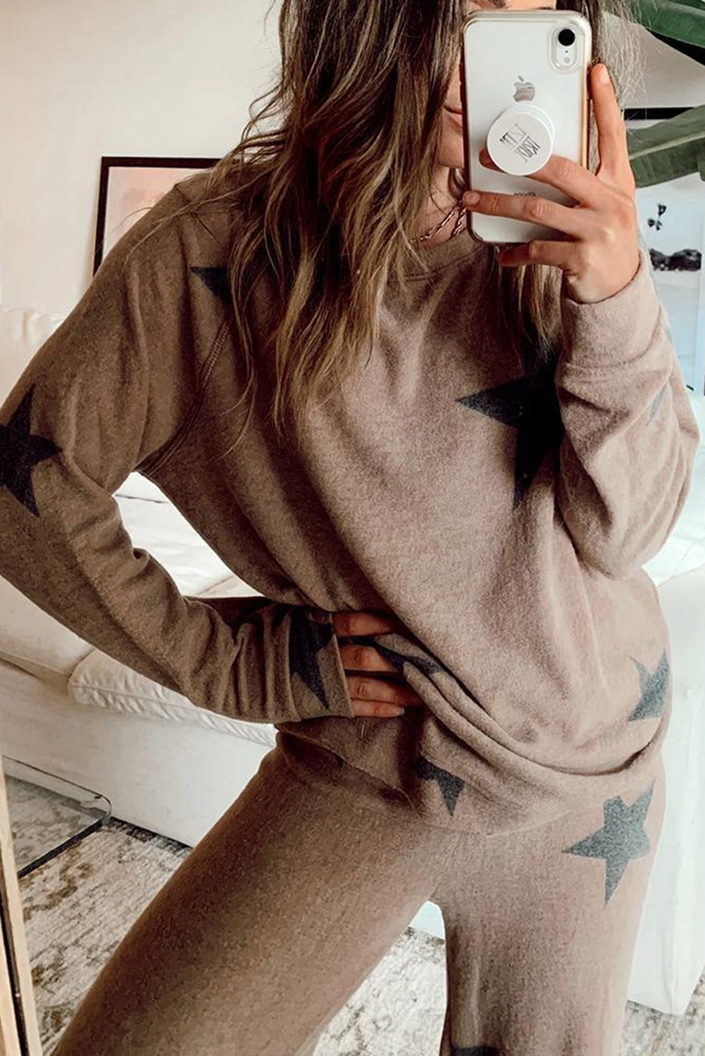 Khaki Retro Star Print Loose Long Sleeve Drawstring Wide Leg 2pcs Lounge Set