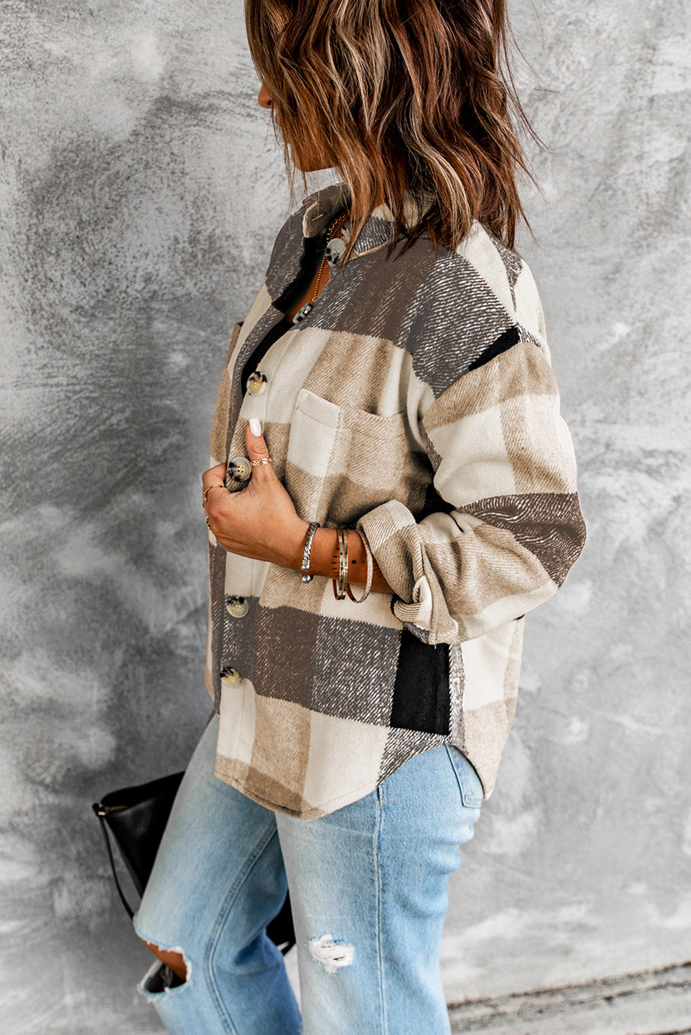 Pink Plaid Color Block Buttoned Long Sleeve Jacket with Pocket