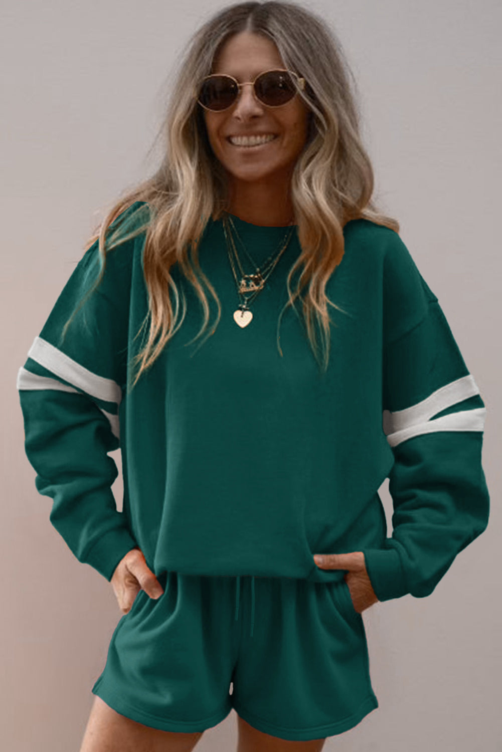 Orange Varsity Striped Sleeve Drop Shoulder Sweatshirt and Short Set