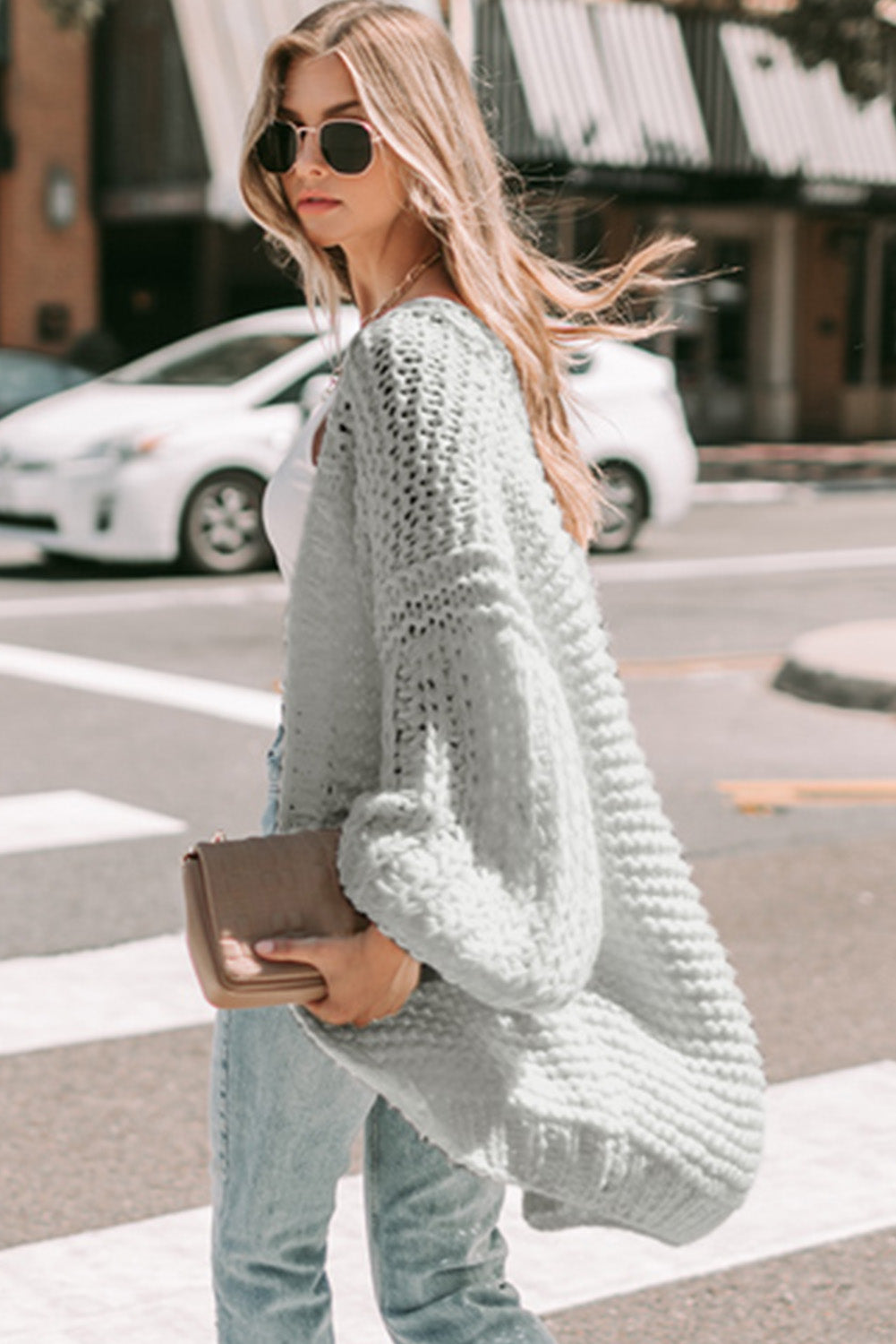 White Chunky Oversize Knit Drop Shoulder Puff Sleeve Cardigan