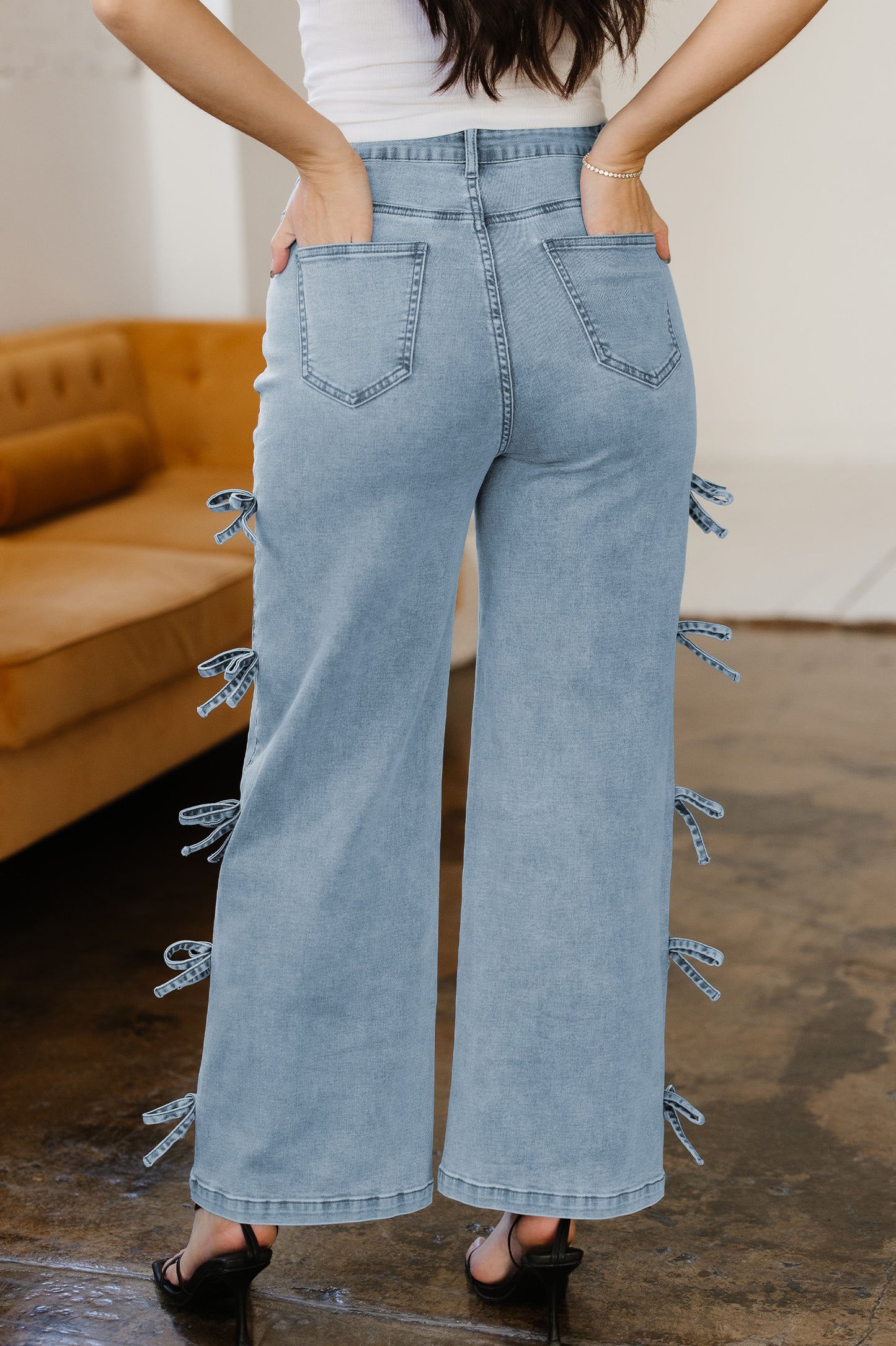 Beau Blue Bow Knot Side Detail Straight Leg Loose Jeans