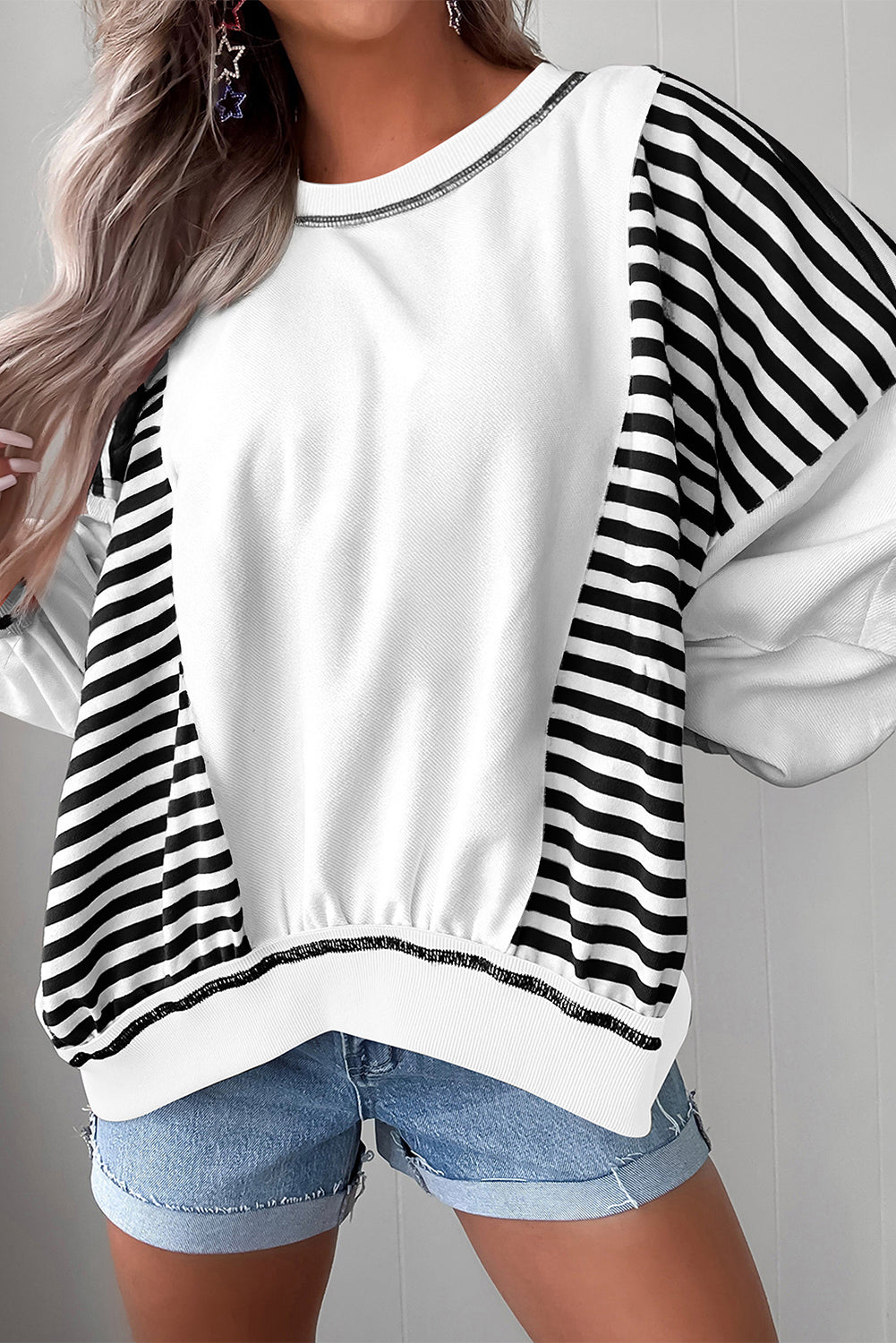White Stripe Colorblock Patchwork Contrast Stitching Oversize Sweatshirt