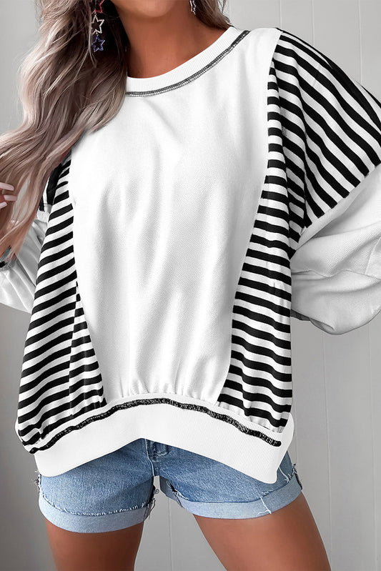 White Stripe Colorblock Patchwork Contrast Stitching Oversize Sweatshirt