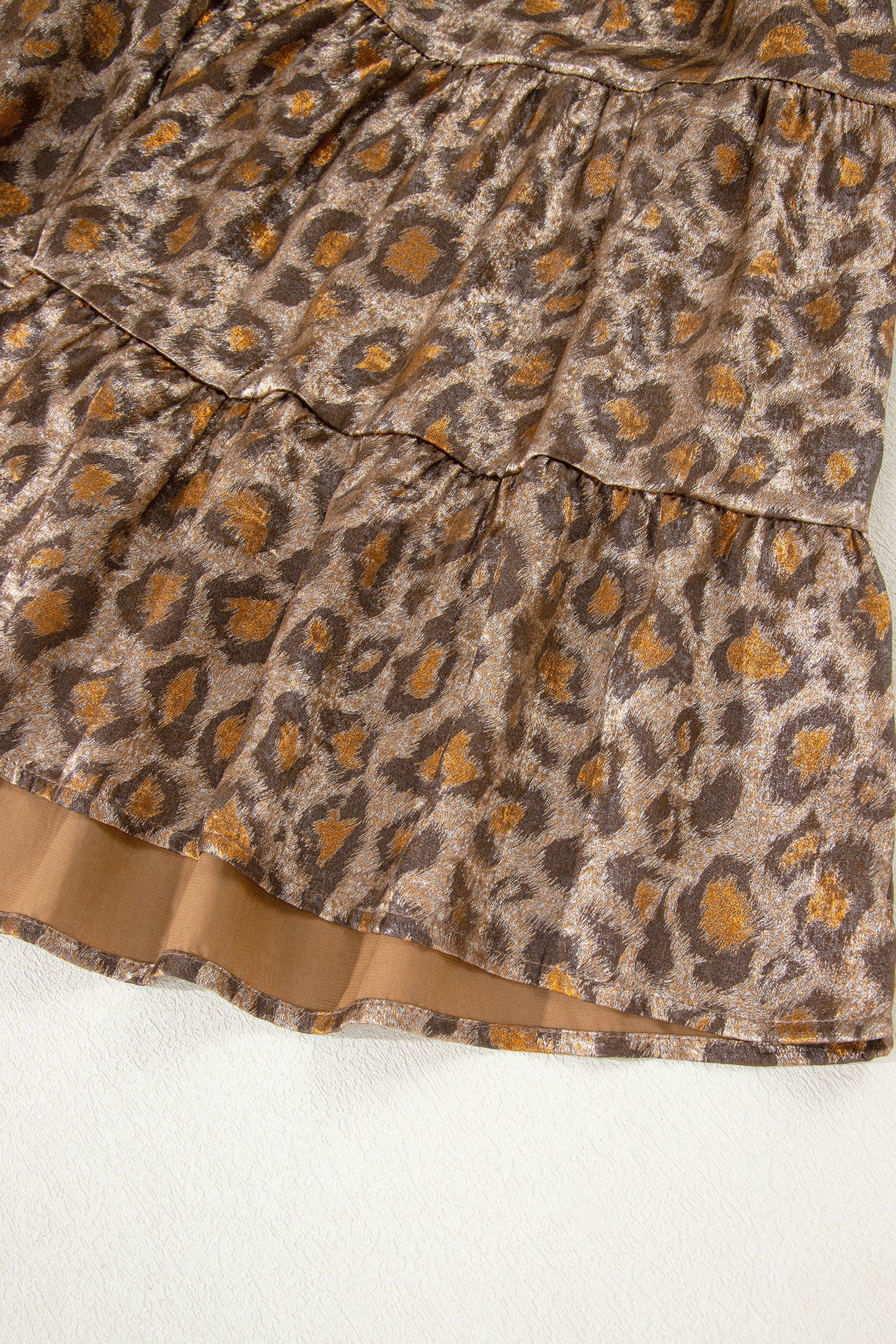 Khaki Leopard Print V Neck Ruffled Sleeve Tiered Loose Mini Dress