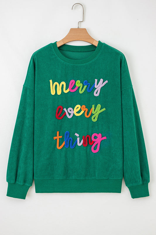 Dark Green merry little thing Corded Letter Graphic Ribbed Loose Sweatshirt