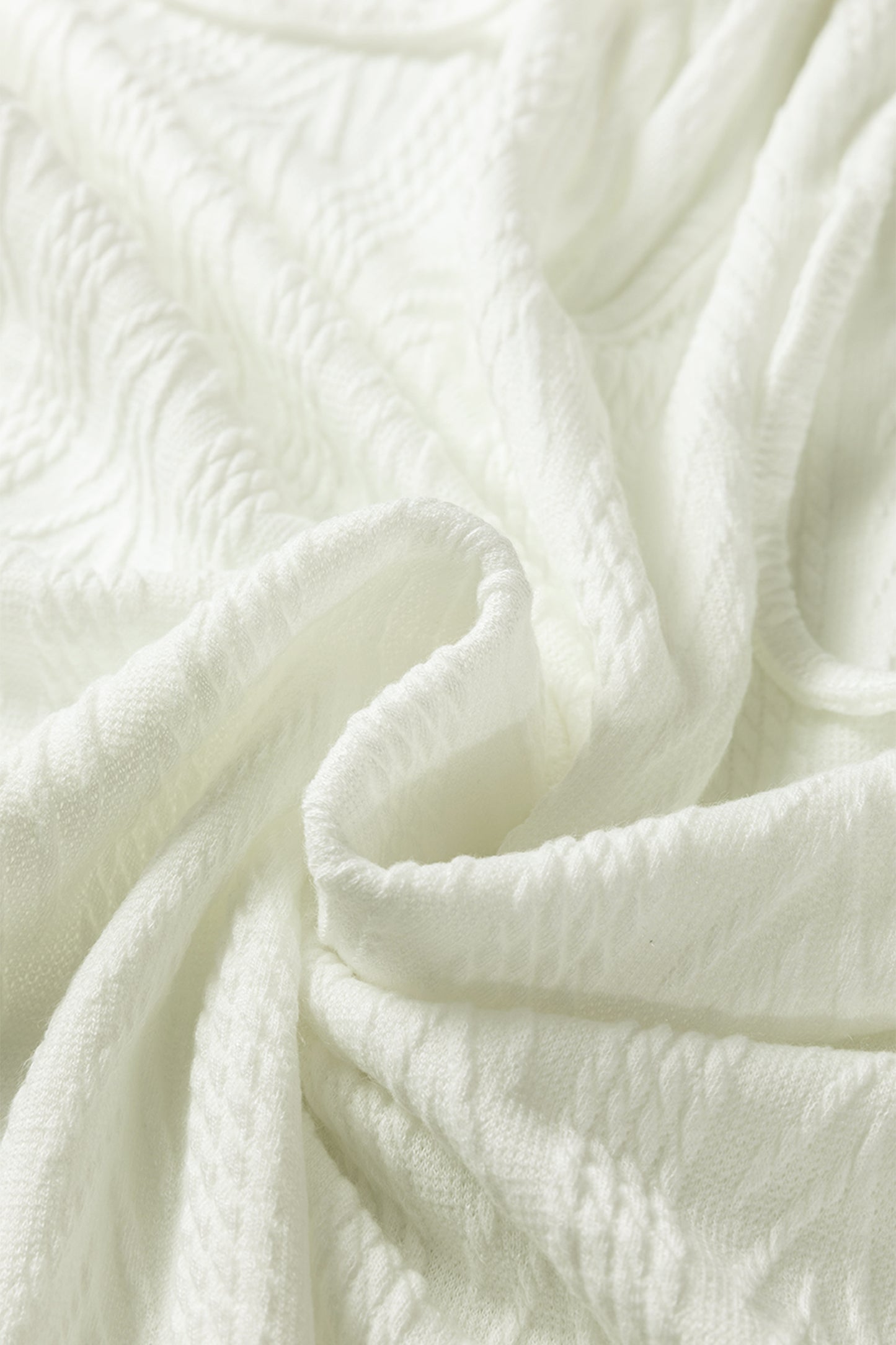 White Floral Patchwork Textured Knit Drawstring V Neck Blouse