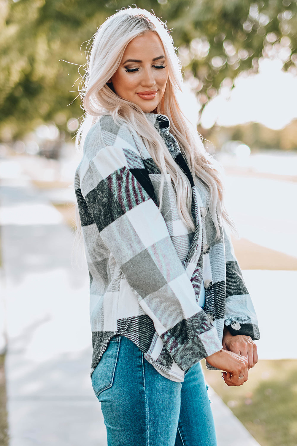 Pink Plaid Color Block Buttoned Long Sleeve Jacket with Pocket