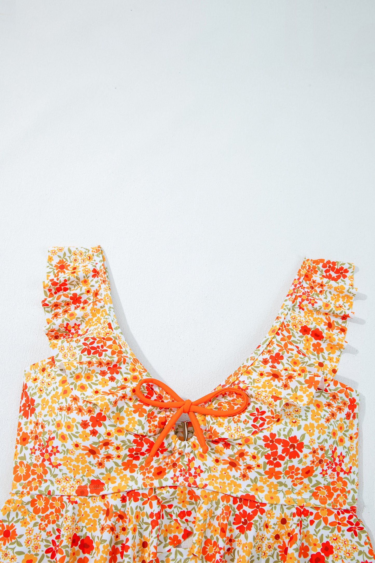 Orange Ruffled Trim Keyhole Accent Floral One Piece Swimsuit