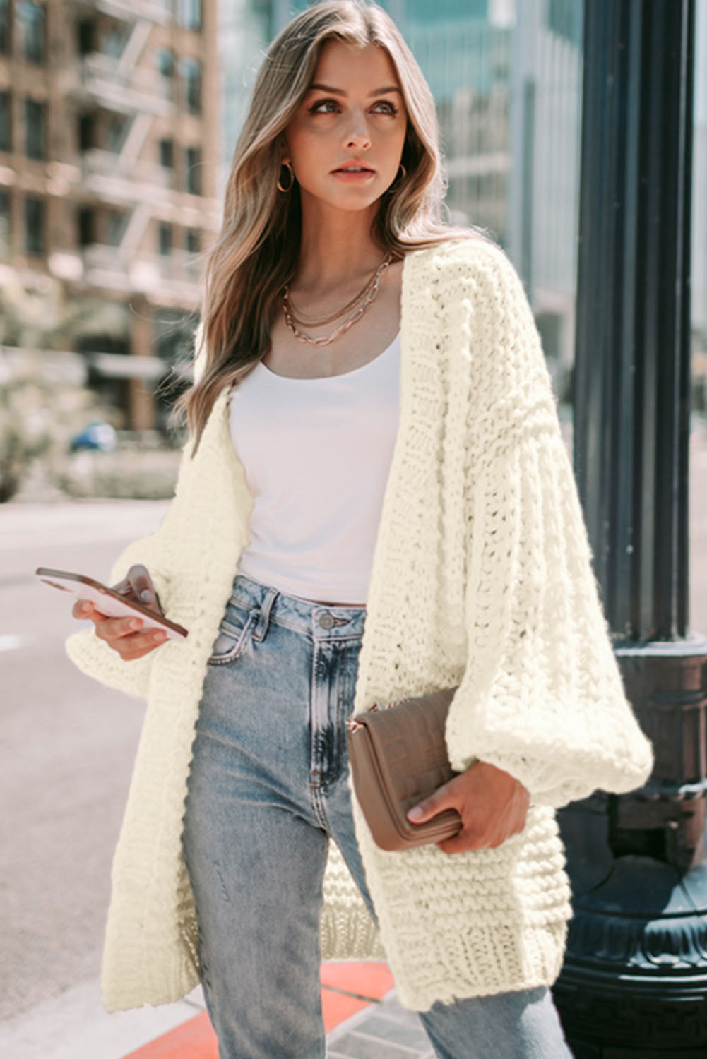 White Chunky Oversize Knit Drop Shoulder Puff Sleeve Cardigan