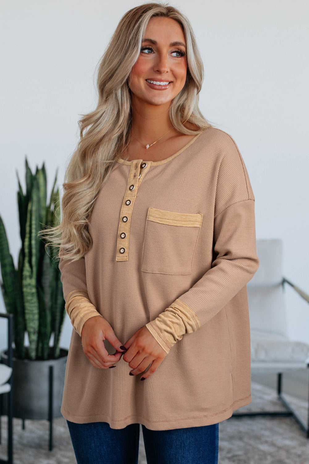 Vineyard Green Color Block Waffle Textured Tunic Henley Top with Slits