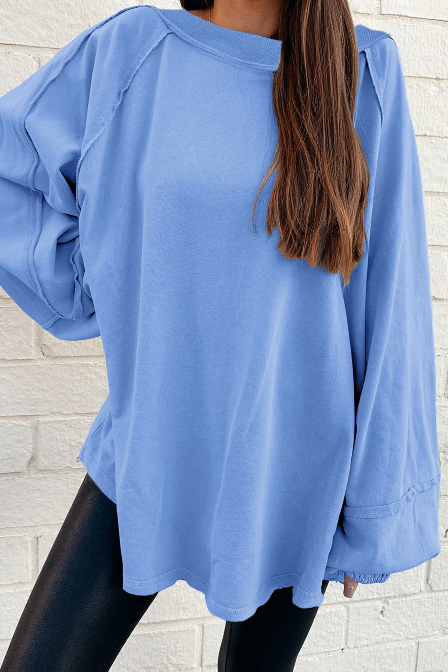Beau Blue Solid Color Raw Seam Patchwork Baggy Sweatshirt