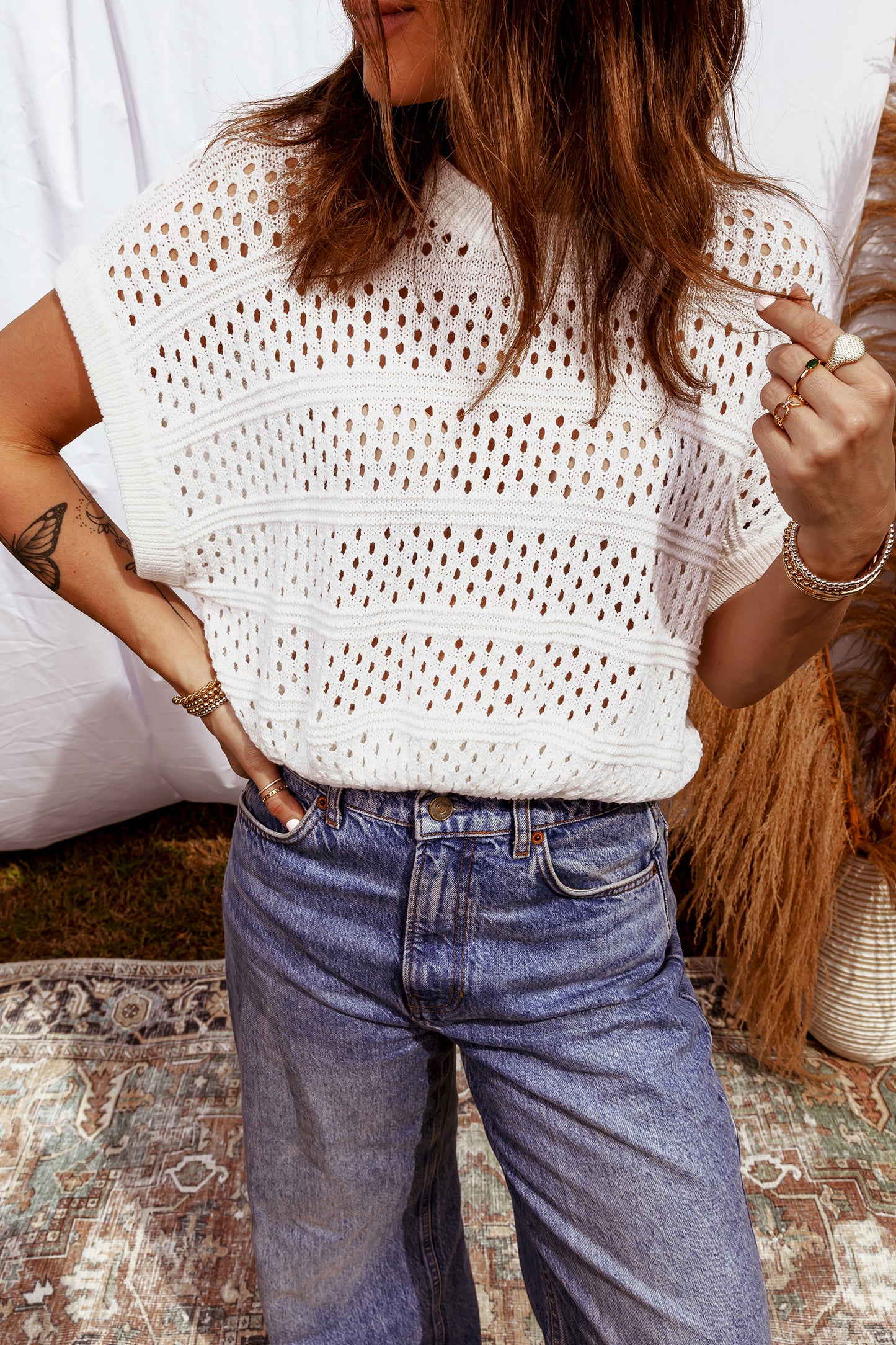 White Hollow Out Knit Round Neck Dolman Sweater