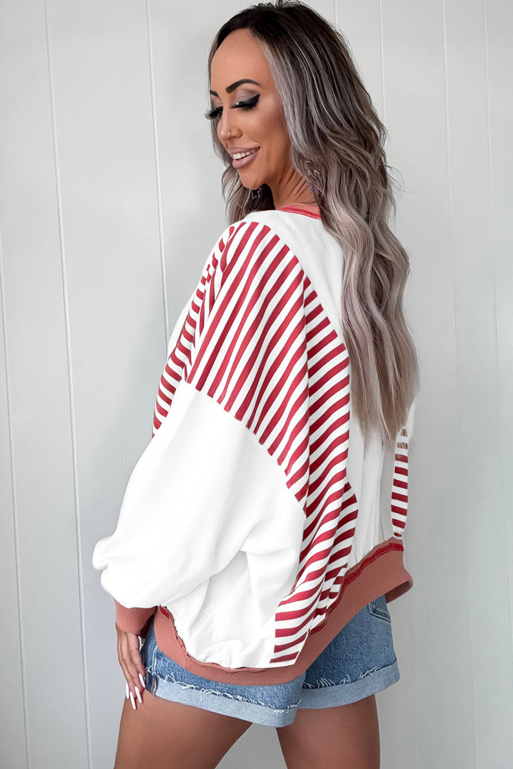 White Stripe Colorblock Patchwork Contrast Stitching Oversize Sweatshirt