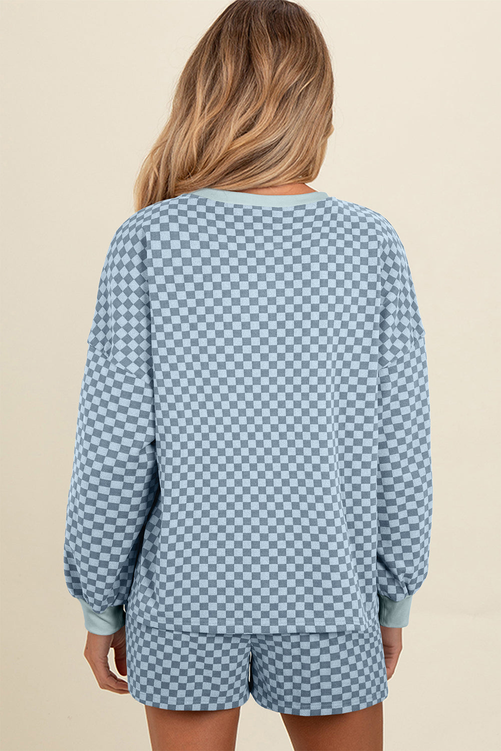 Sky Blue Checkerboard Long Sleeve Pullover and Shorts Set