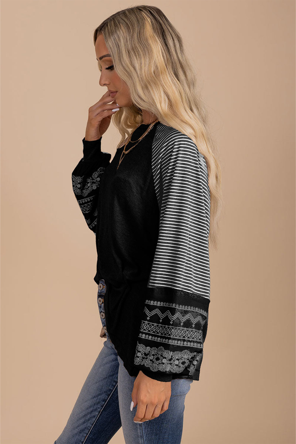 Navy Blue Contrast Print Striped Raglan Long Sleeve Loose Top