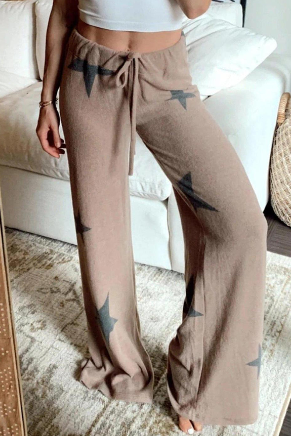 Khaki Retro Star Print Loose Long Sleeve Drawstring Wide Leg 2pcs Lounge Set