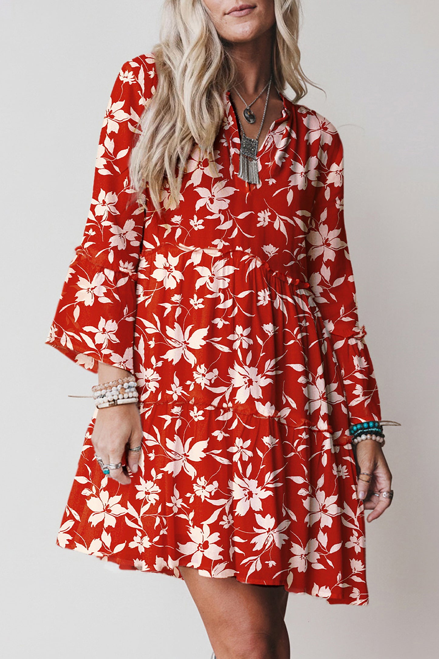 Red Boho Floral Print Lettuce Trim 3/4 Sleeve Mini Dress
