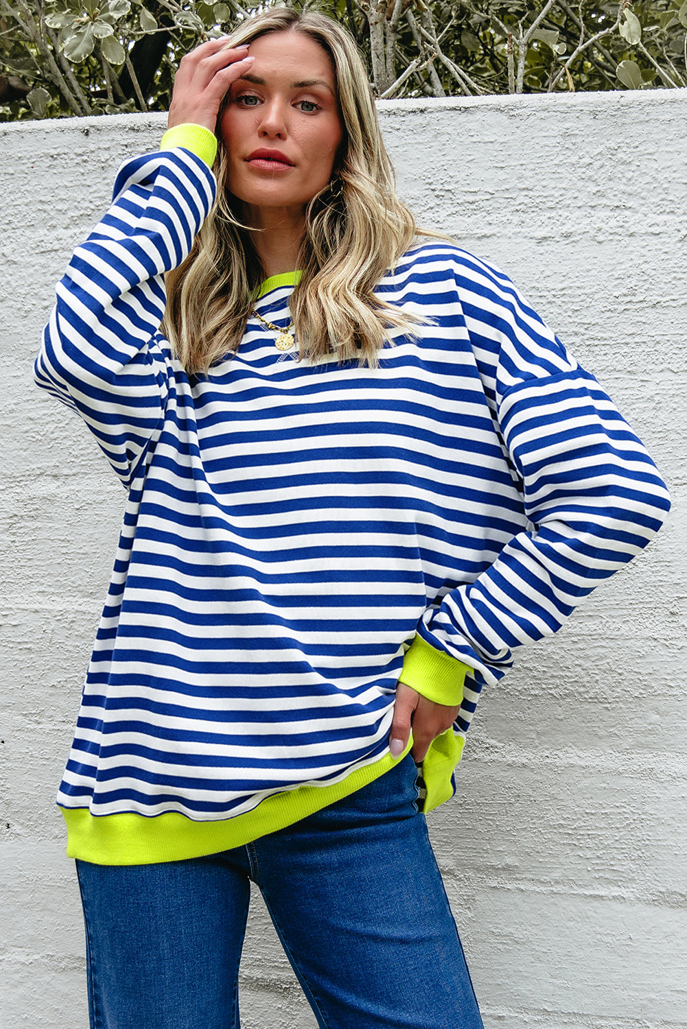 Green Stripe Contrast Ribbed Trim Crossed Stitch Drop Shoulder Sweatshirt