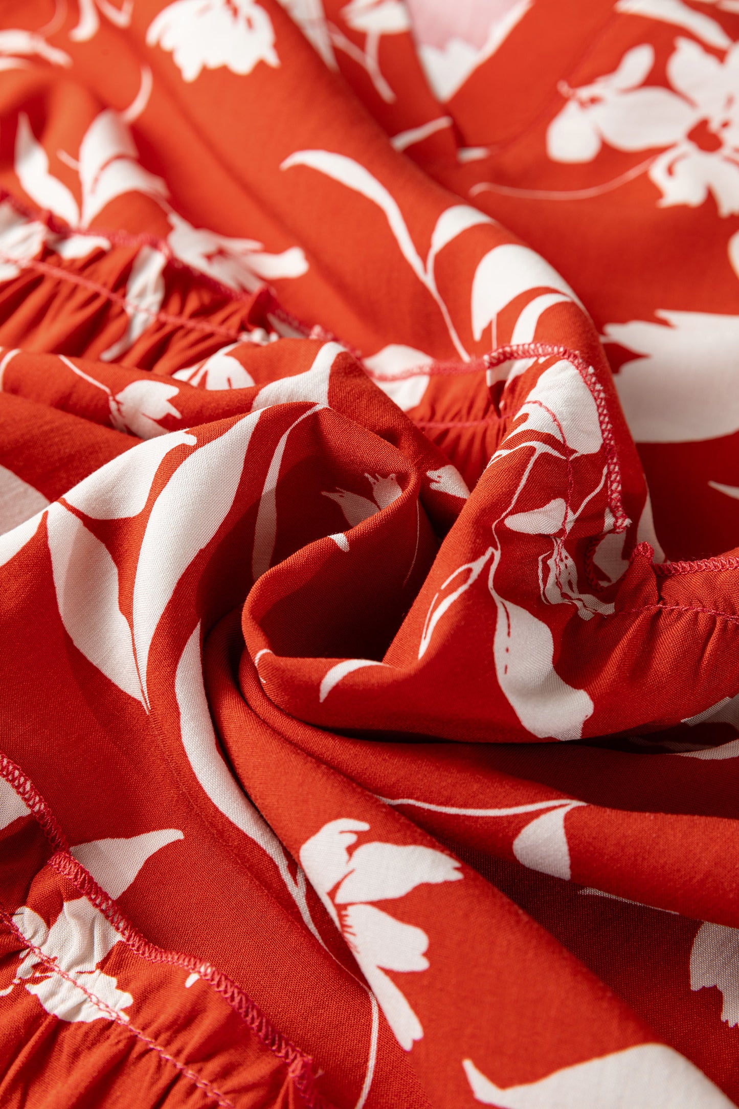 Red Boho Floral Print Lettuce Trim 3/4 Sleeve Mini Dress