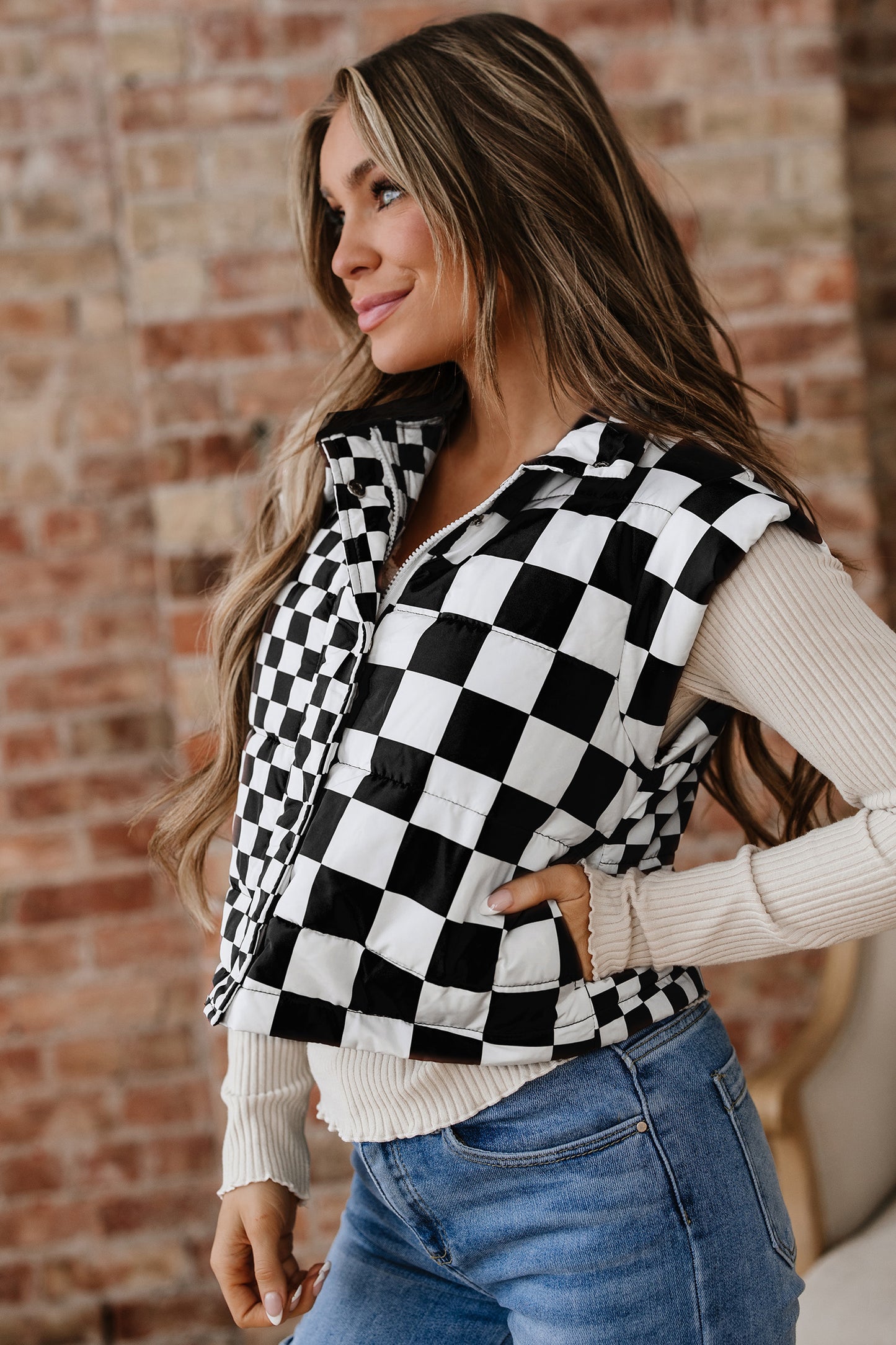 Black Double Checked Stand Collar Cropped Puffer Vest