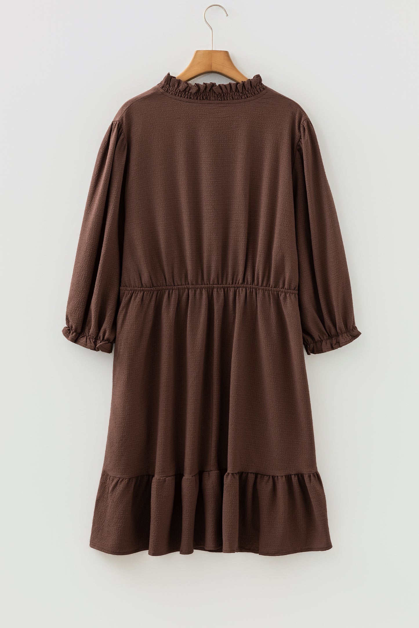 Coffee Plus Size Frilled Trim V Neck Puff Sleeve Textured Mini Dress