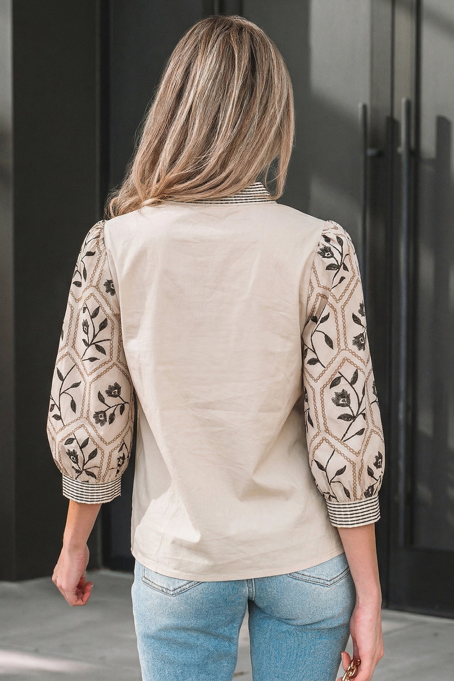 White Floral Puff Sleeve Contrast V Neck Patchwork Blouse