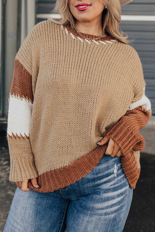 Light French Beige Contrast Stitch Detail Color Block Knitted Plus Size Sweater