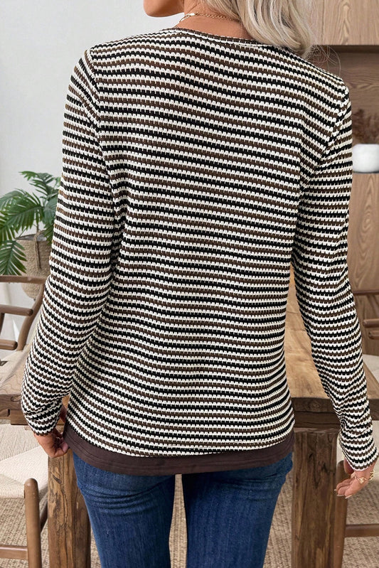 Brown Faux Two Piece Textured Striped Round Neck Long Sleeve T Shirt