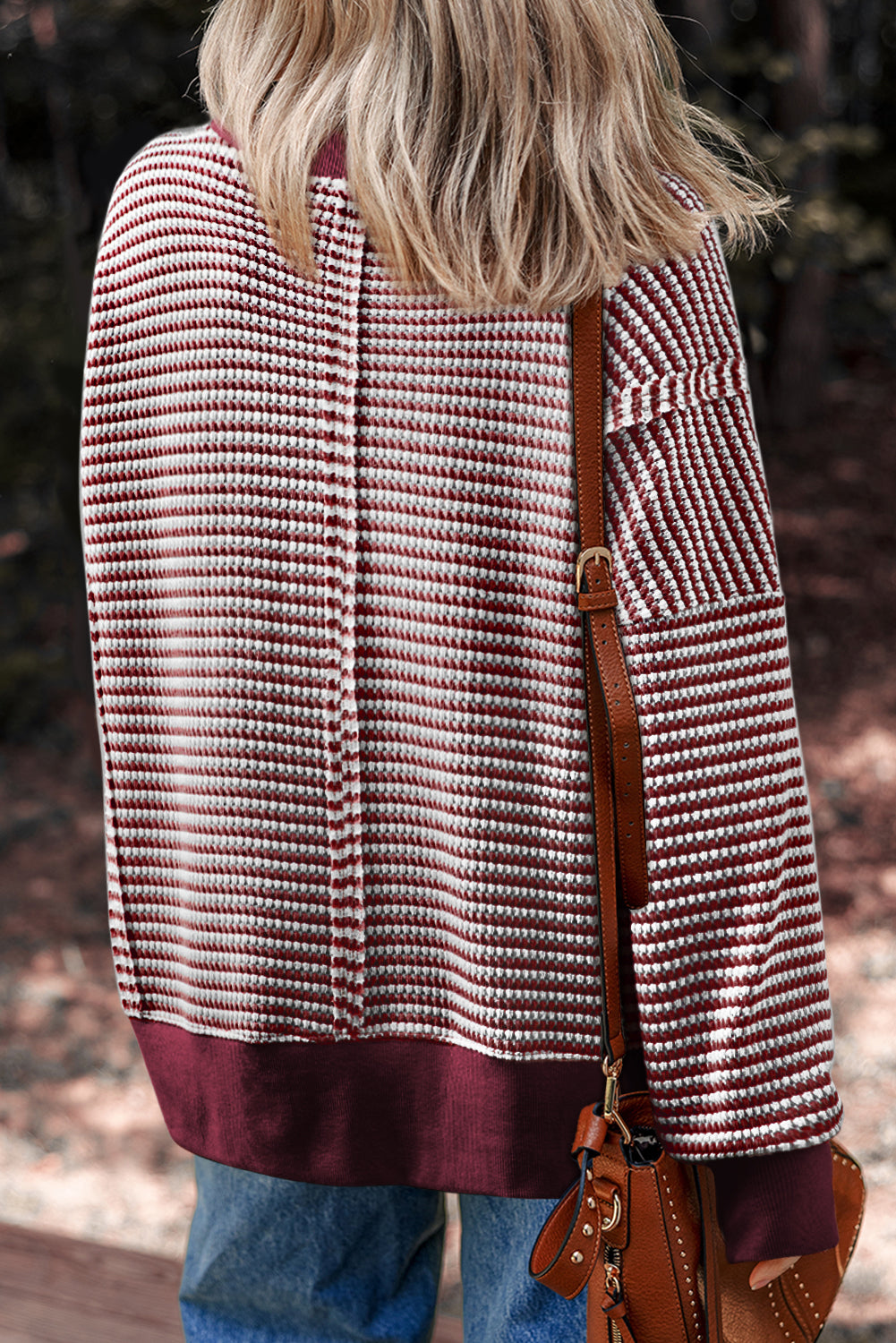 Black Stripe Ribbed Trim Drop Shoulder Long Sleeve Oversize Top