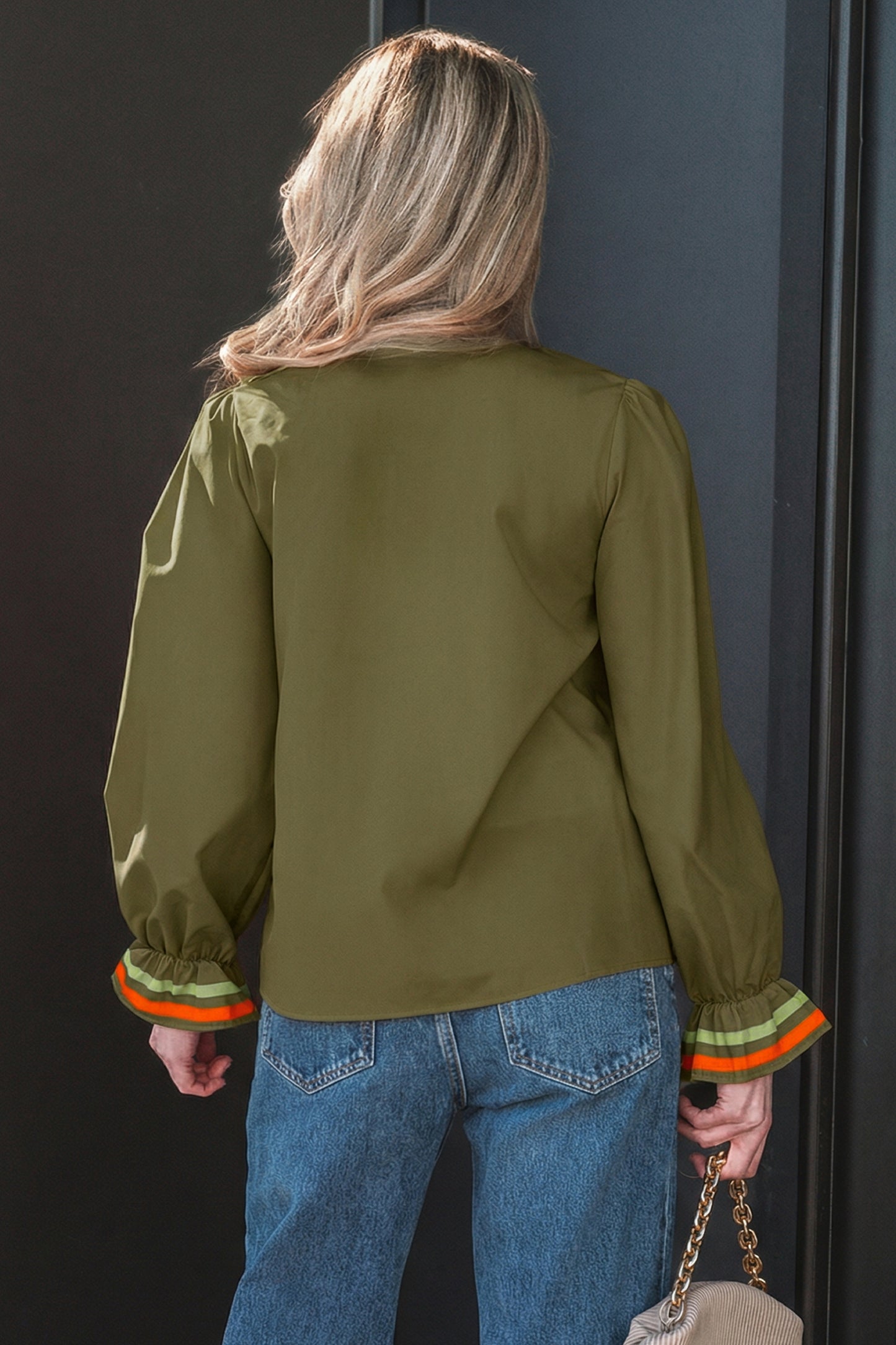 Four Leaf Clover Striped Trim Ruffle Split Neck Long Sleeve Blouse