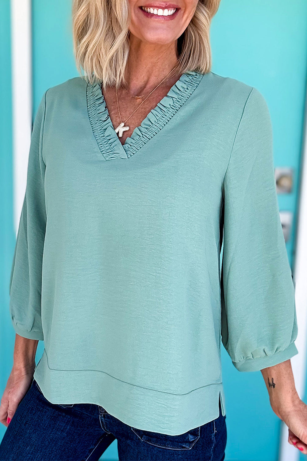 Moonlight Jade Frilled V Neckline Bracelet Sleeve Crinkled Blouse