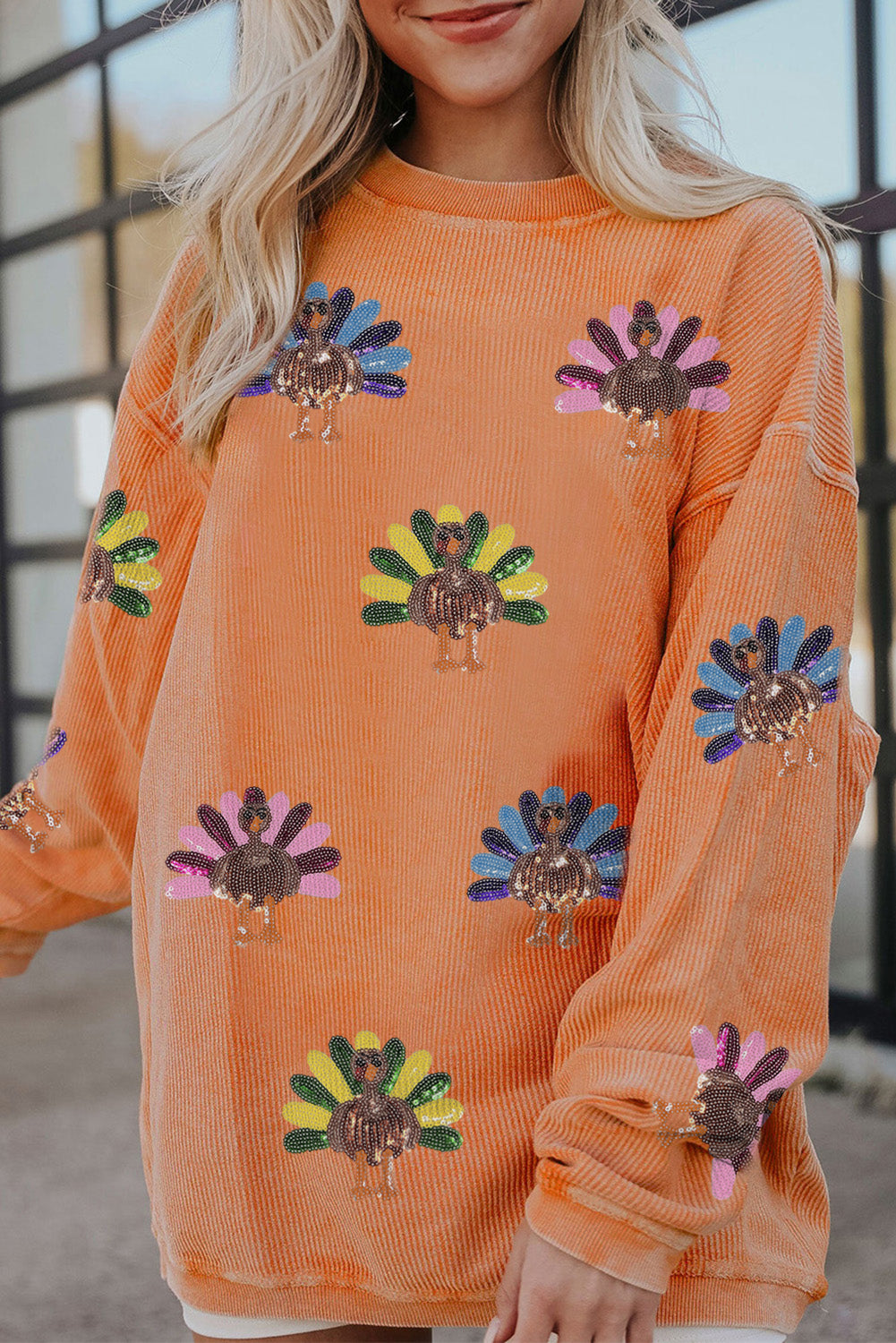 Orange Turkey Graphic Corded Baggy Sweatshirt