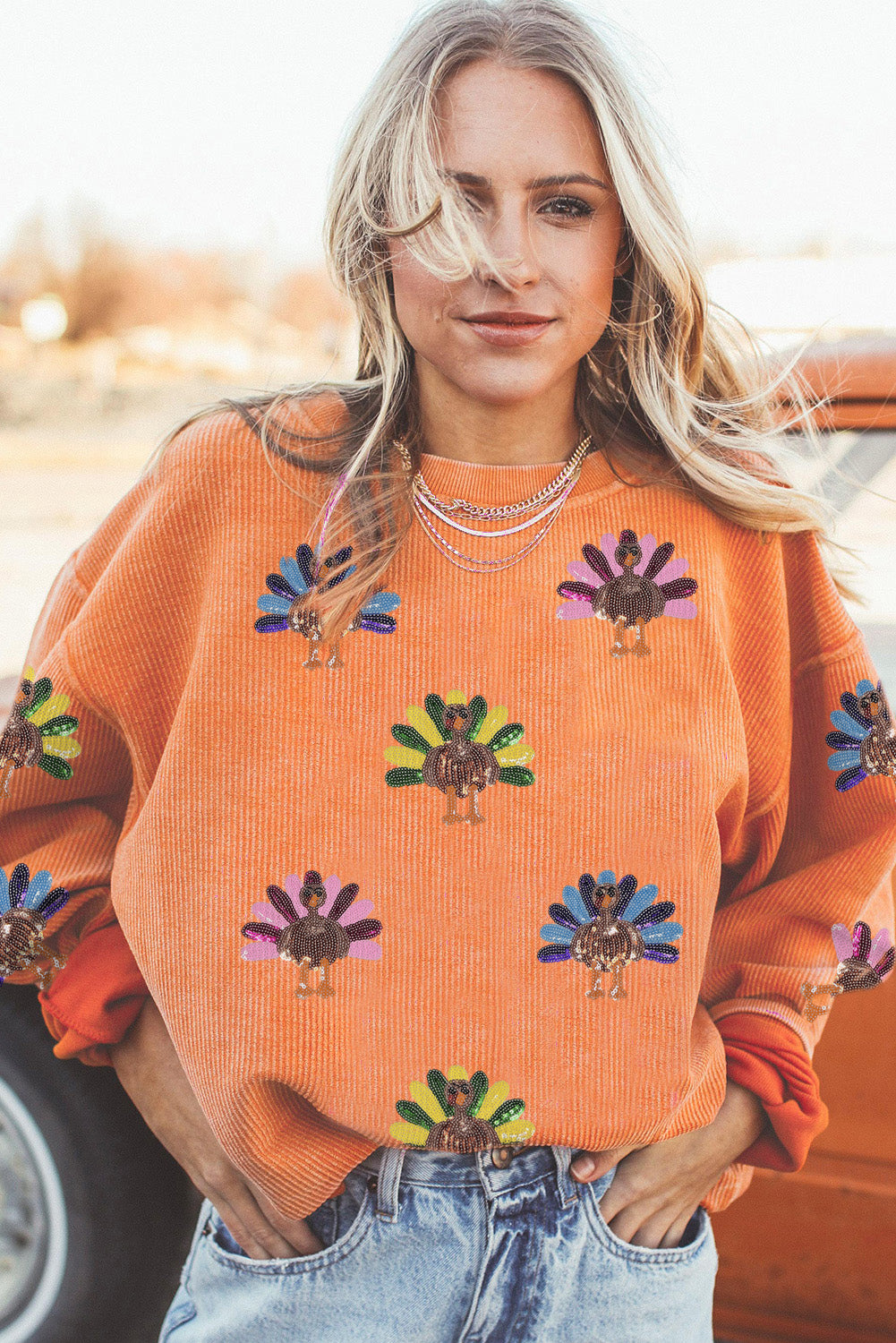 Orange Turkey Graphic Corded Baggy Sweatshirt