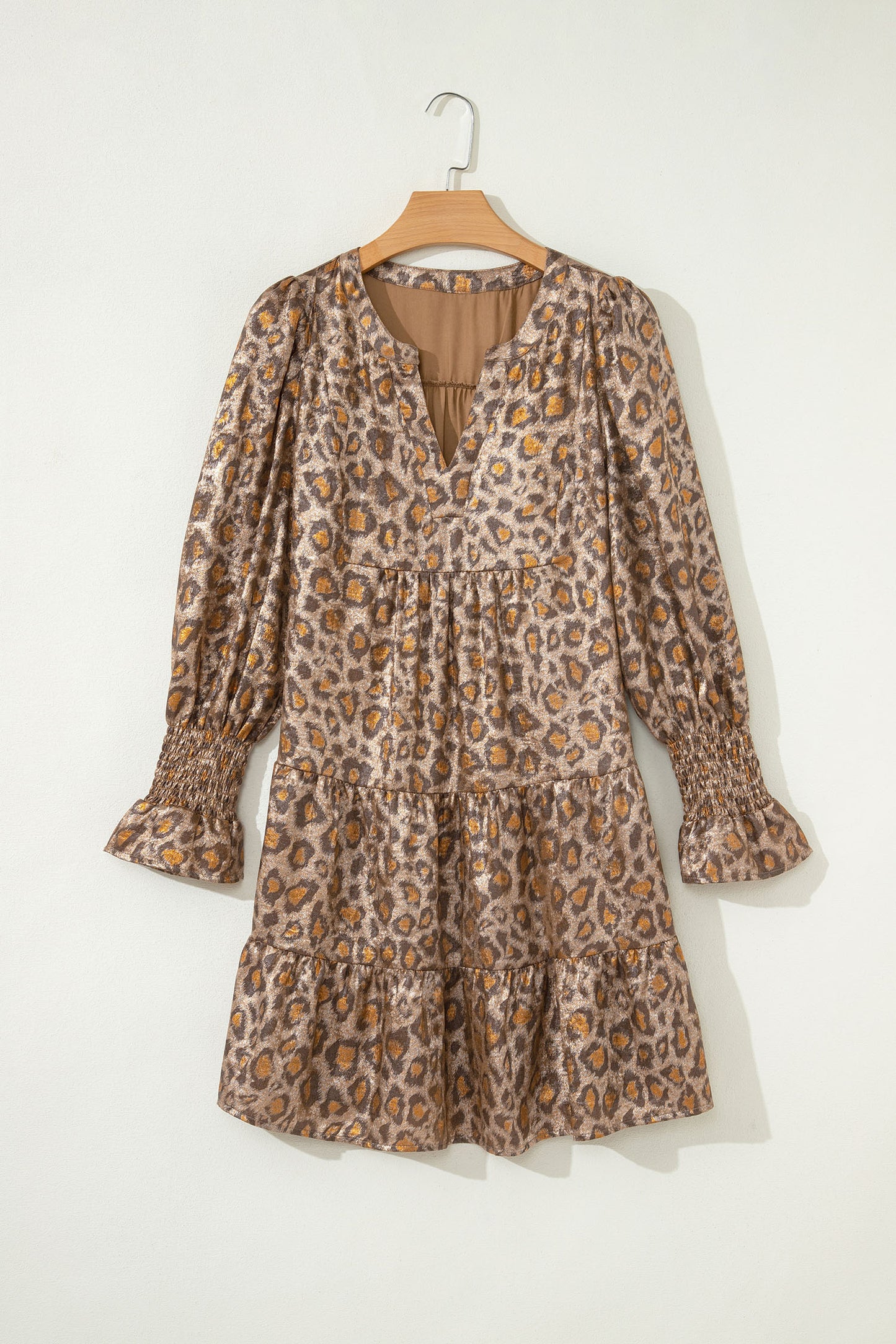 Khaki Leopard Print V Neck Ruffled Sleeve Tiered Loose Mini Dress