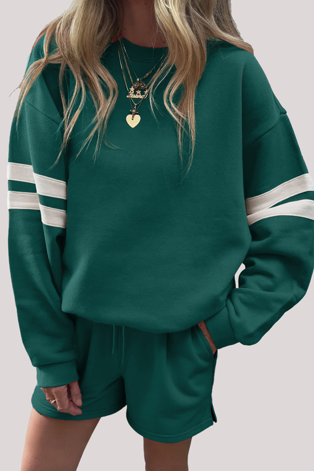 Orange Varsity Striped Sleeve Drop Shoulder Sweatshirt and Short Set