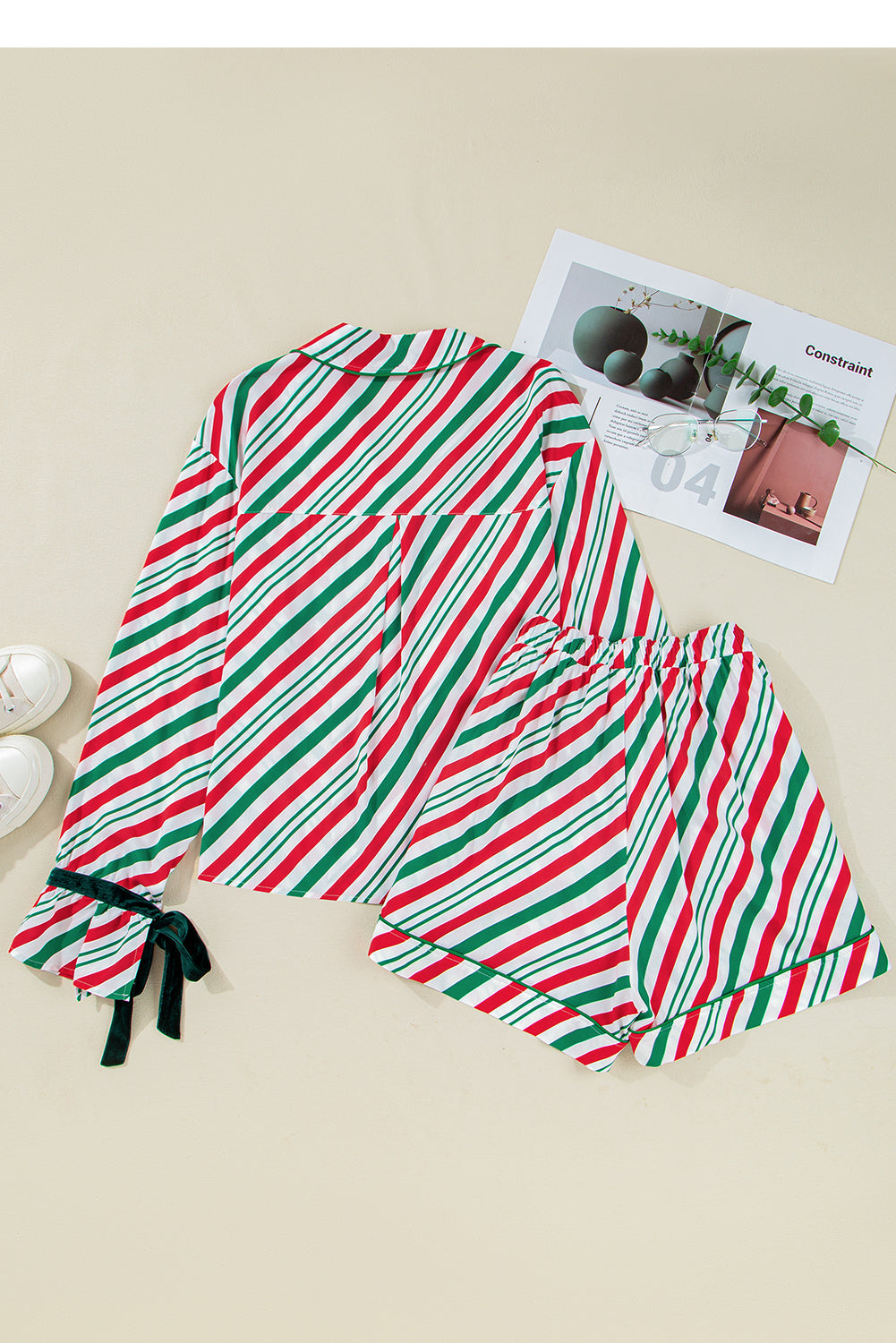Green Stripe Contrast Velvet Ribbon Knot Christmas 2pcs Pajama Set