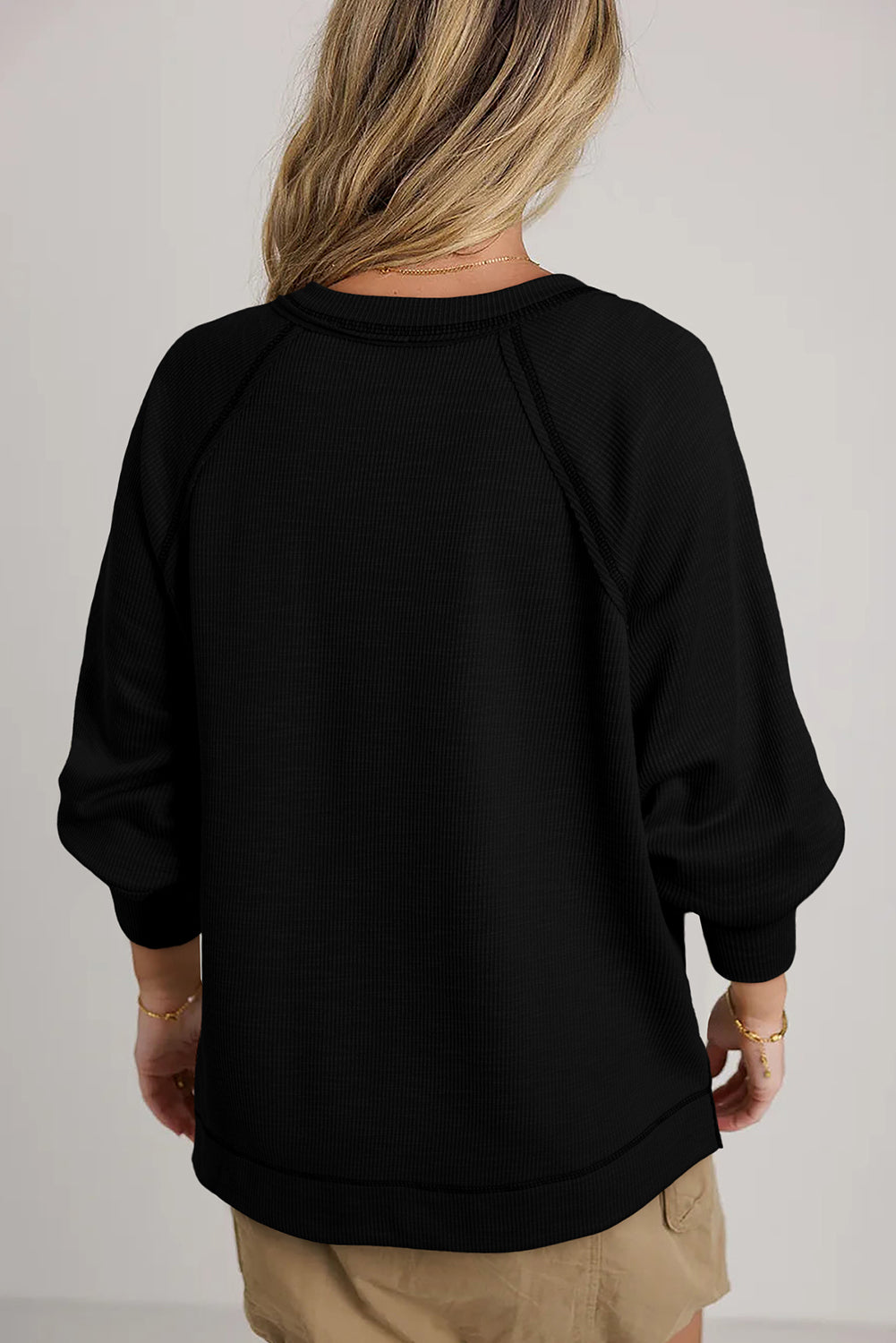 Black Exposed Seam Textured Knit V Neck Pullover Top