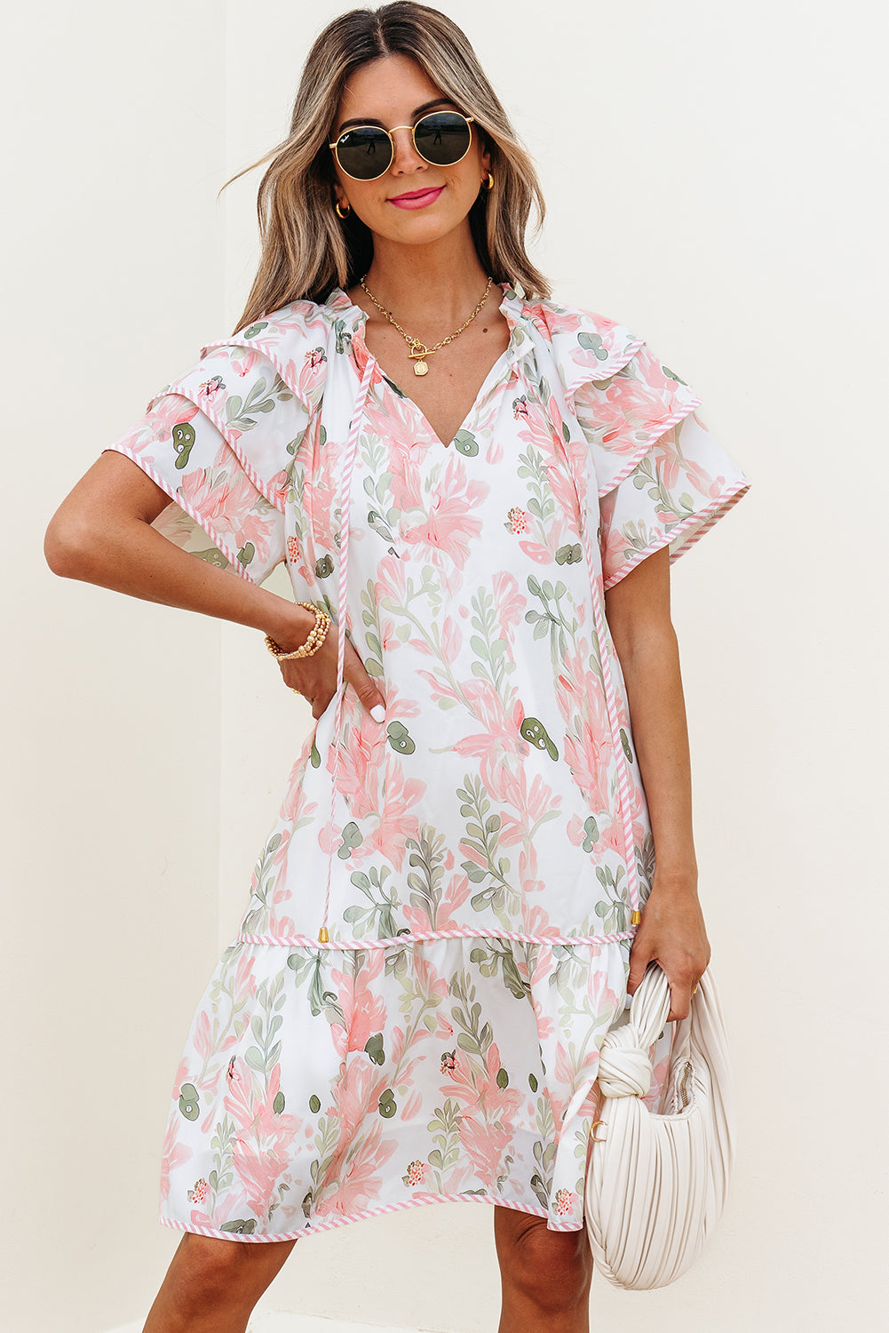 Orange Floral Contrast Edge Layered Short Sleeve Mini Dress