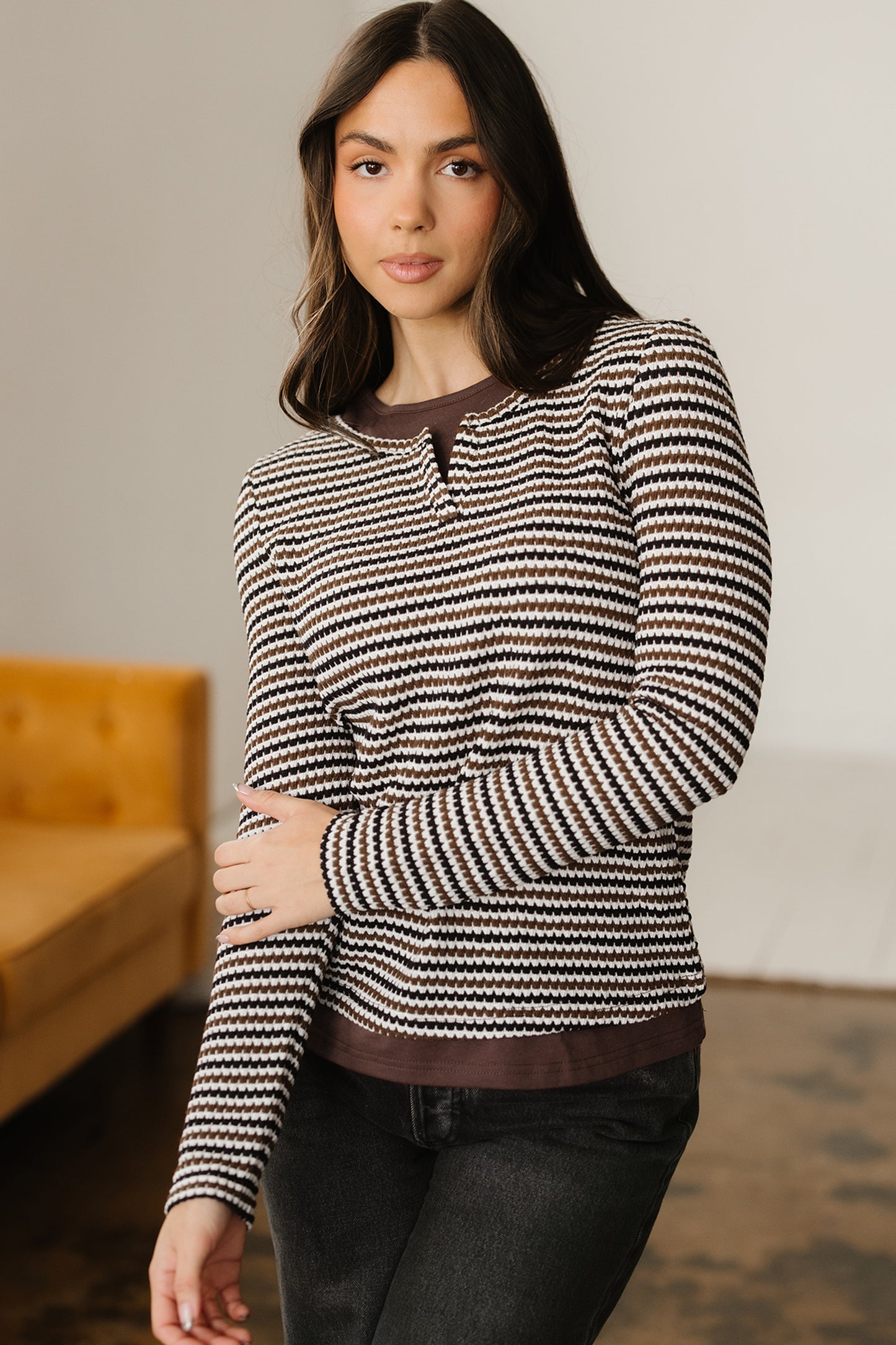Brown Faux Two Piece Textured Striped Round Neck Long Sleeve T Shirt