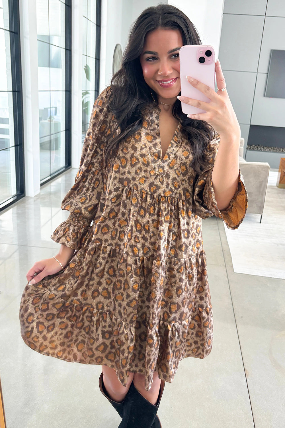 Khaki Leopard Print V Neck Ruffled Sleeve Tiered Loose Mini Dress