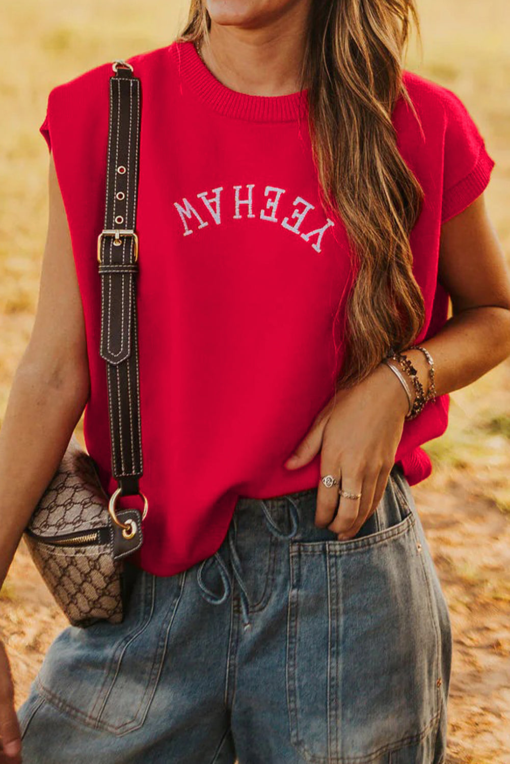 Fiery Red YEEHAW Embroidered Letter Loose Short Sleeve Sweater